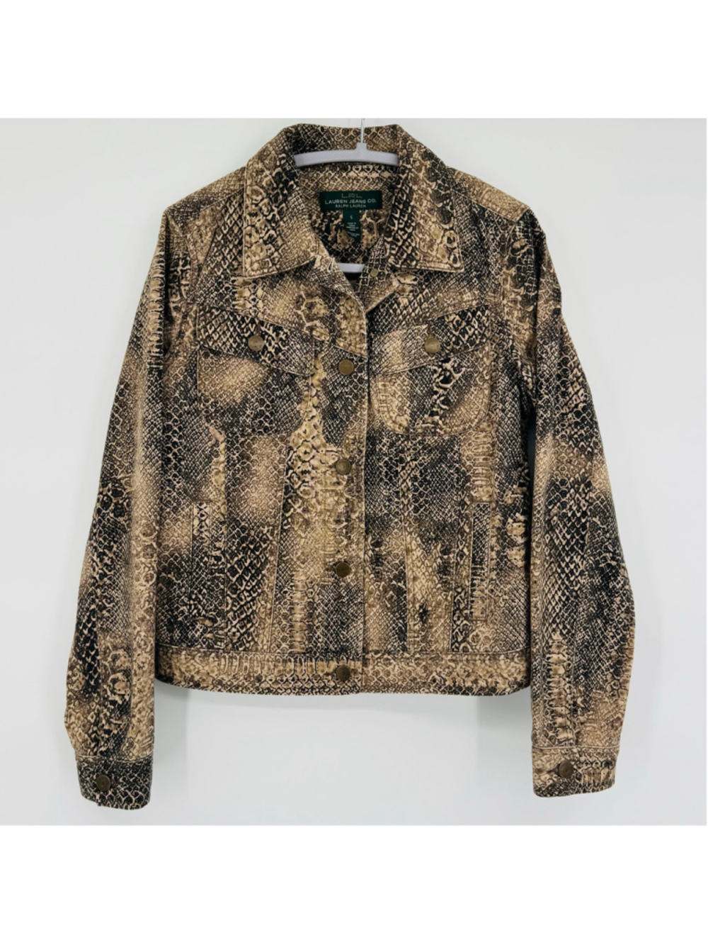 2000’s Lauren Ralph Lauren Tan Snake Print Denim Jean Jacket, Size S